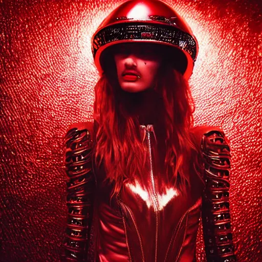 Image similar to close up of a female fashion model in year 3000 in a cave, model wearing a surreal Avant-garde helmet in red, dramatic lighting,photography , official Versace editorial , highly detailed