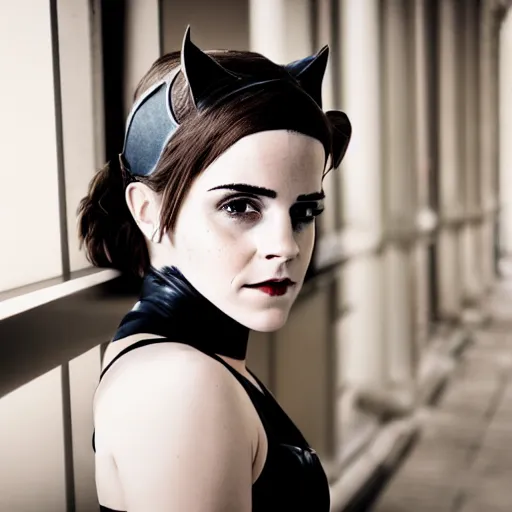 Image similar to Emma Watson as Catwoman, XF IQ4, f/1.4, ISO 200, 1/160s, natural light, Adobe Lightroom, DxO Photolab, polarizing filter, Sense of Depth, AI enhanced, AI rendered, HDR