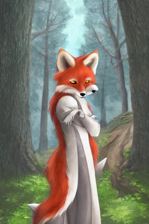 Image similar to an anthropomorphic medieval fox with a fluffy tail in the forest, trending on artstation, trending on furaffinity, digital art, by kawacy, anime, furry art, warm light, backlighting