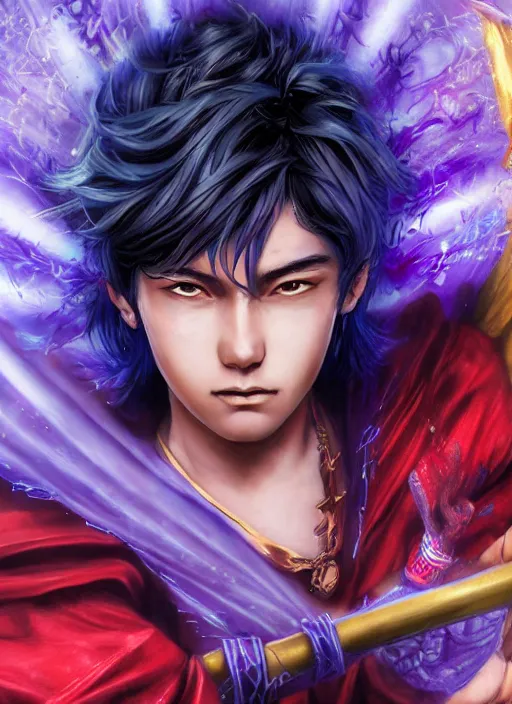 Image similar to An epic fantasy comic book style portrait painting of teenager boy with straight indigo hair, purple eyes with red eye markers, slim body, wearing a detailed Japanese kimono with golden armpieces, holding a pair of fans. Unreal 5, DAZ, hyperrealistic, octane render, cosplay, RPG portrait, dynamic lighting