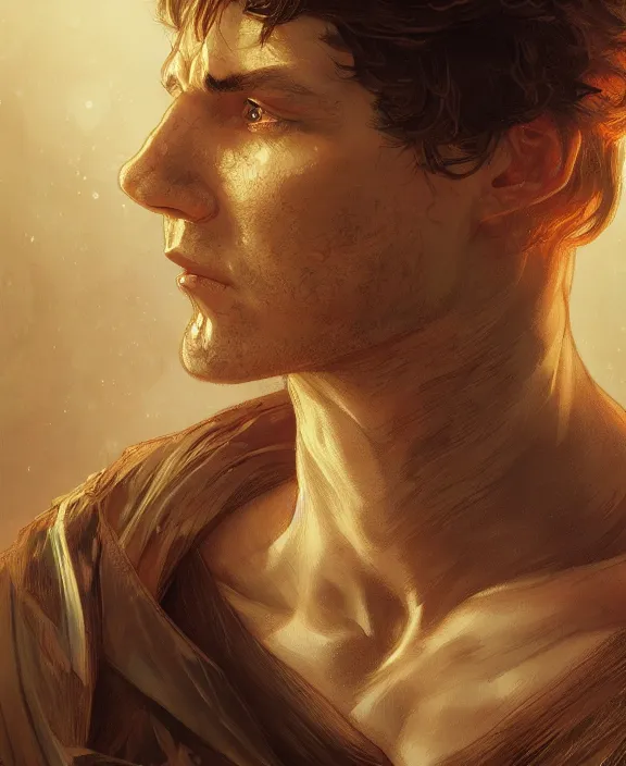 Prompt: portrait close up of man, concentrated look, symmetry, with an explosion on the back, d & d, fantasy, intricate, elegant, highly detailed, digital painting, artstation, concept art, art by artgerm and greg rutkowski and alphonse mucha, boris vallejo