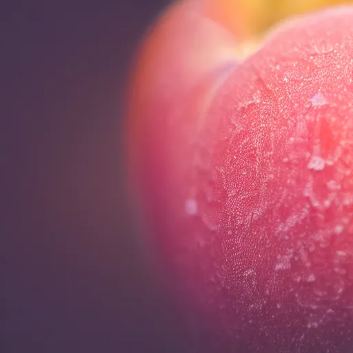 Image similar to a macro photo of a peach's dry hairy skin, form resembling female bum, hyper realistic, hyper detailed, 35mm, very grainy film, pink volumetric studio lighting, bokeh, black background award winning shot, vogue magazine, cinematic, 8k, very closeup, elegant, tender, pastel