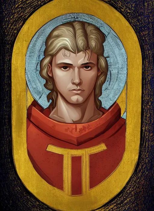 Prompt: medieval iconography of a handsome young knight with a beautiful face and clear skin, long blond hair, knight armor, no helmet, high resolution, clear image, digital art, studio photo, 4 k, clear lines, artstation