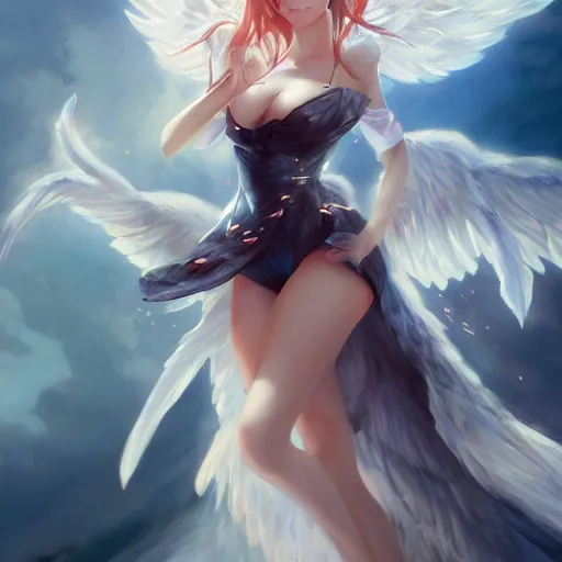 Image similar to an oil painting of a beautiful anime girl with wings, by artgerm and greg rutkowski, hd, hdr, ue 5, ue 6, unreal engine 5, cinematic 4 k wallpaper, 8 k, ultra detailed, high resolution, artstation, award winning