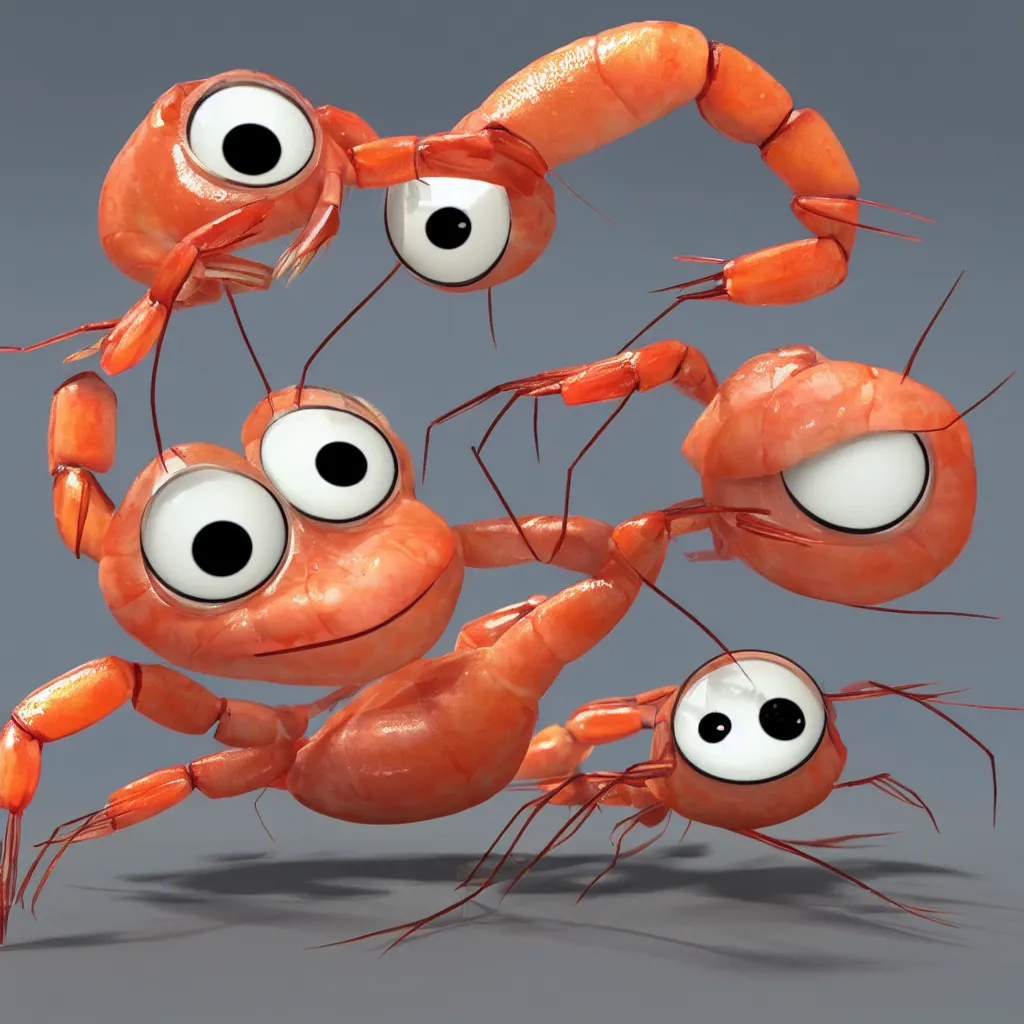 Image similar to cute shrimp character with googly eyes, 3 d, style of pixar