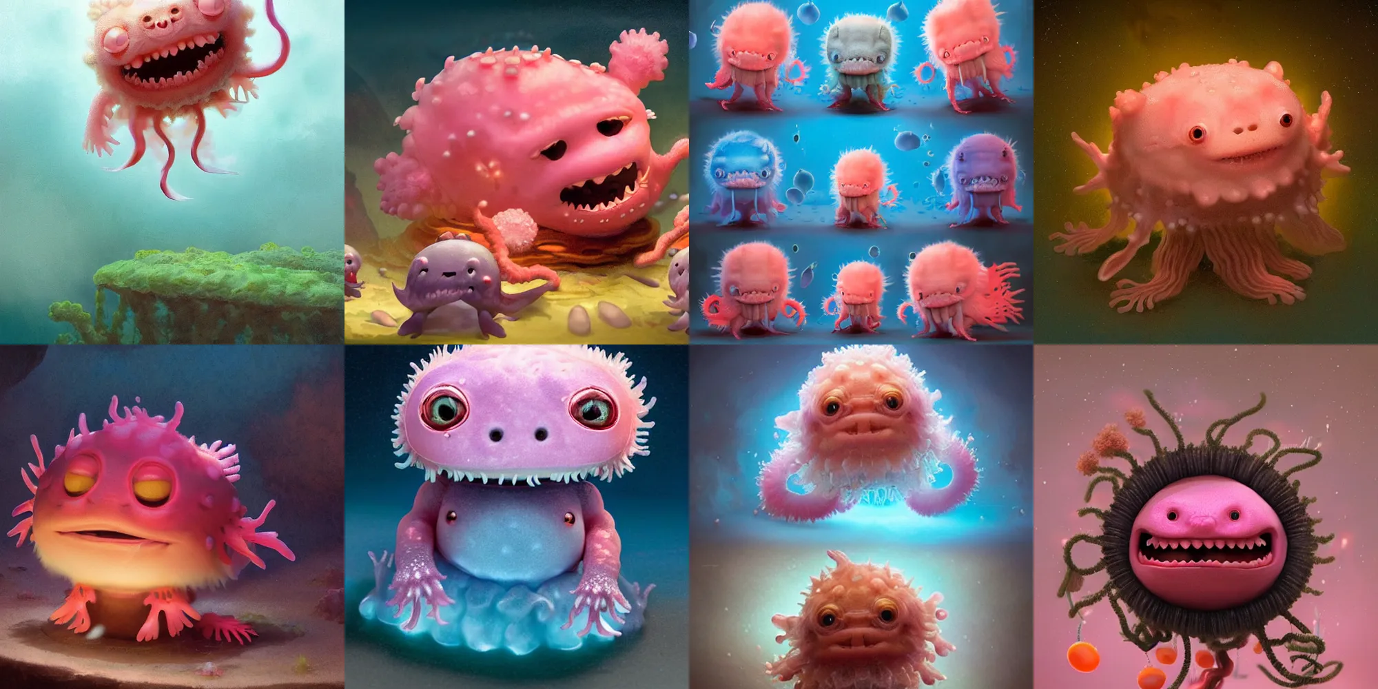 Prompt: cute! fluffy baby jelly fish axolotl, corals, pirates of the caribean, davy jones, wires, SSS, wrinkles, grin, rimlight, dancing, fighting, bioluminescent screaming pictoplasma characterdesign toydesign toy monster creature, artstation, cg society, by greg rutkowski, by William-Adolphe Bouguereau, by zdzisław beksiński, by Peter mohrbacher, by nate hallinan, 8k