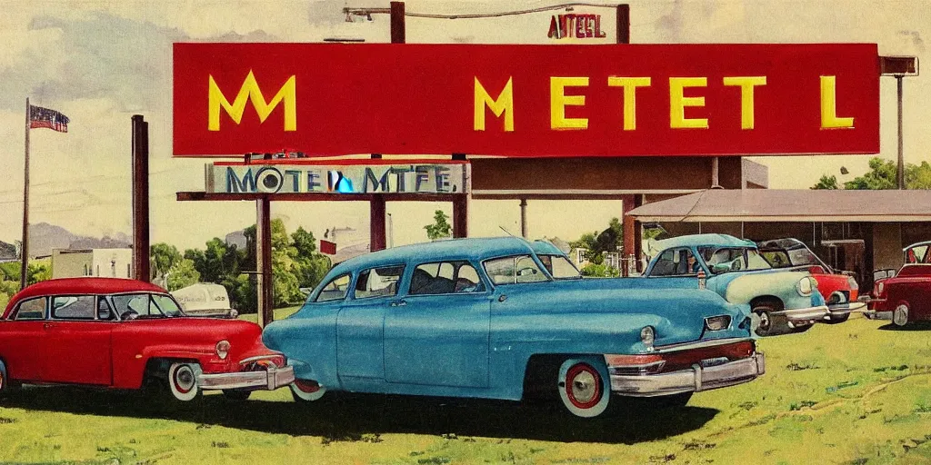 Prompt: 1 9 5 0 s americana painting of a motel and motel sign with cars parked outside by norman rockwell