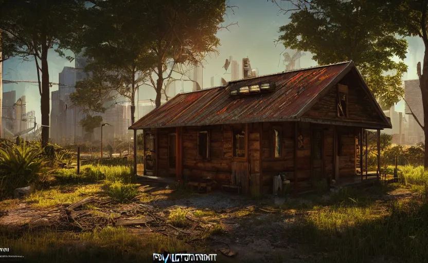 Prompt: photorealistic cyberpunk rustic metal cabin in a lush dessert oasis. daylight. sunlight. lens flare. light fixtures. 8K. detailed. photorealism. artstation. 25mm f/1.7 ASPH Lens. ultra realistic