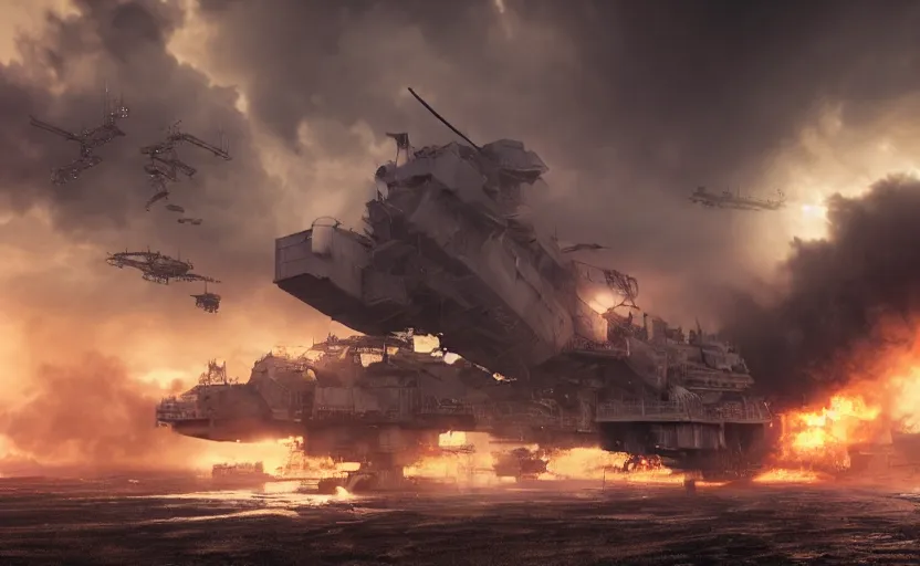 Image similar to an immense steampunk aircraft carrier crashed and burning in a field, thick black smoke billowing, turbulent storm clouds, dystopian, sharp focus, octane render, imax