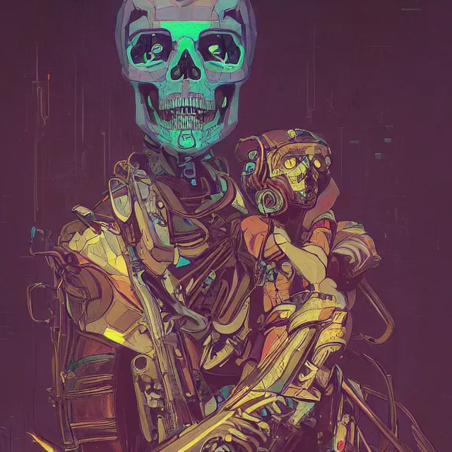 Image similar to a beautiful portrait painting of a ( ( cyberpunk ) ) skull by simon stalenhag and pascal blanche! and alphonse mucha! and nekro!!. in style of digital art. colorful comic, film noirs!, symmetry, hyper detailed. octane render. trending on artstation