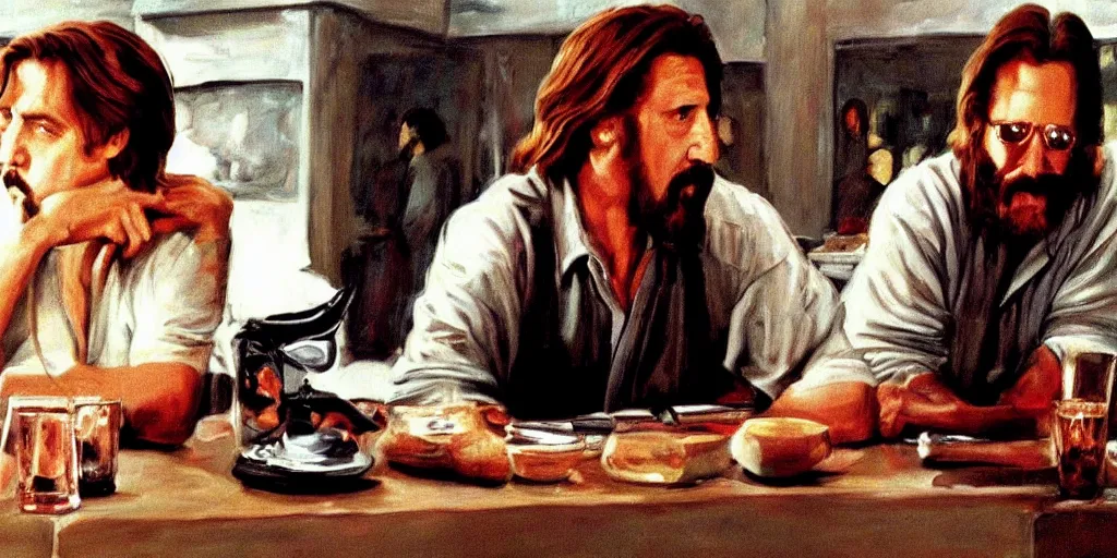 Prompt: scene still from the big lebowski 1998, stunning painting by gustave courbet