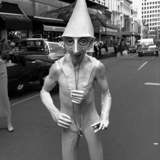 Prompt: conehead dobby 1980s street performer