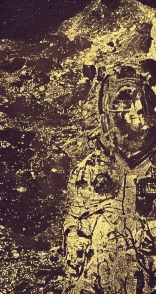 Image similar to astronaut taking a selfie with Jesus Christ at Golgotha, mountain of skulls in background, realistic old photo, coal dust, lumierre