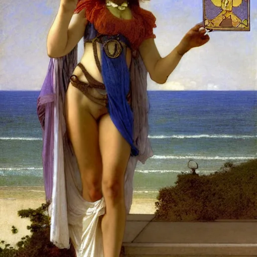 Image similar to A girl with jester hat and clothes on the front of a Balustrade with a beach on the background, major arcana clothes, by paul delaroche, alphonse mucha and arnold böcklin arnold böcklin hyperrealistic 8k, very detailed