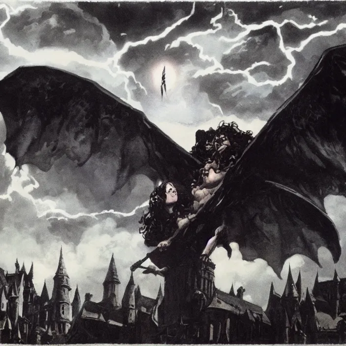 Image similar to bellatrix casting dark mark spell into the sky over hogwarts by frank frazetta