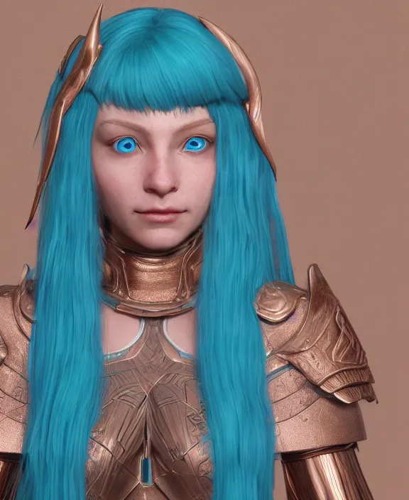 Image similar to a beautiful and highly detailed digital portrait of a dignified elf with long blue hair in rose gold armor by nina tryggvadottir, centered, artsation contest winner, cgsociety, fantasy art, cryengine, concept art, photorealism, daz 3 d, sketchfab, zbrush, vray