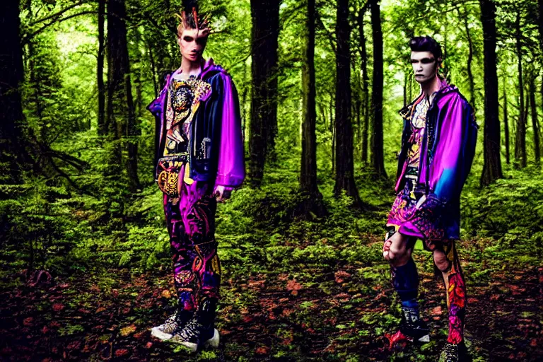 Prompt: versace avant garde male toga intricate textiles streetwear cyberpunk posing in the woods trees cloudy overcast dark late evening dramatic 3 5 mm professional color