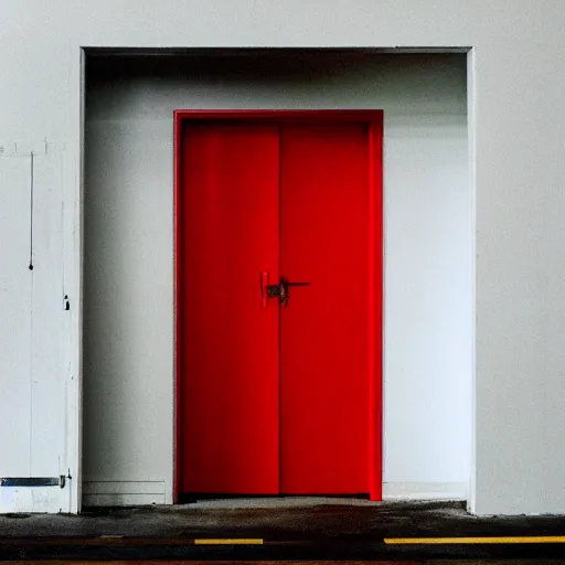 Prompt: a featureless white room with a red door on the far end, liminal space,