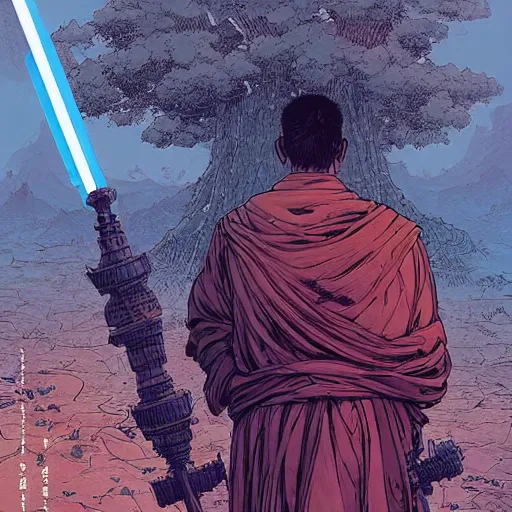 Image similar to portrait of the back of a monk with a mace, standing, Borderlands and by Feng Zhu and Loish and Laurie Greasley, Victo Ngai, Andreas Rocha, John Harris