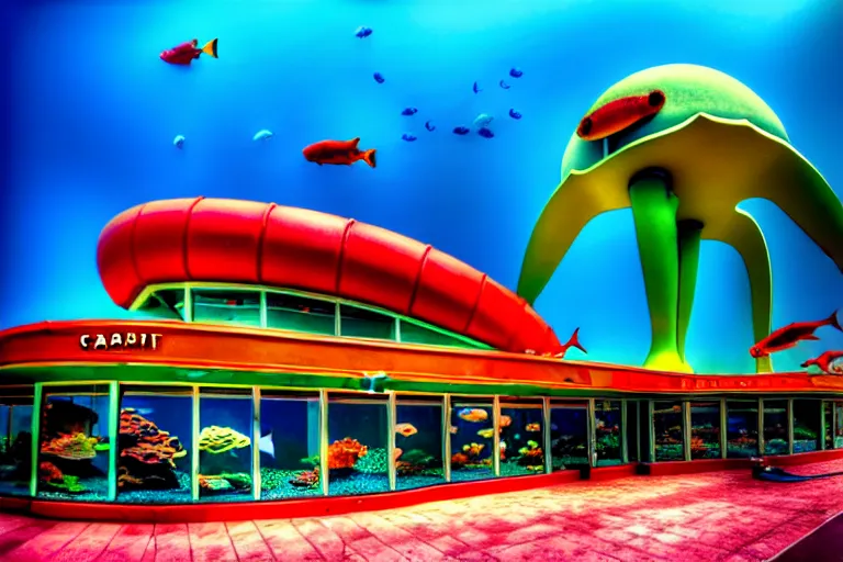 Image similar to 1 9 8 5 crab themed giant aquarium, googie architecture, one point perspective, americana, fishcore, exterior photography, hd 8 k, photography by ansel adams