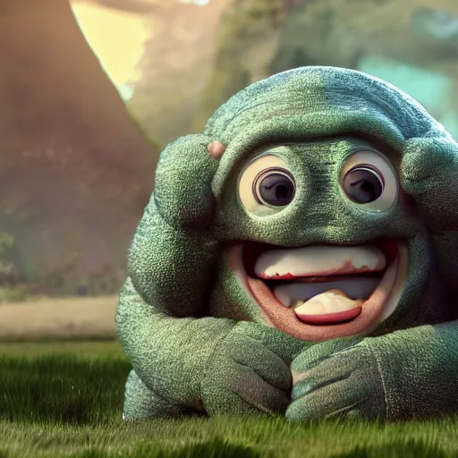 Image similar to a friendly Tardigrade smiling and waving, cgi character, children's movie-art