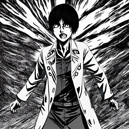 Image similar to eren yeager in the style of junji ito