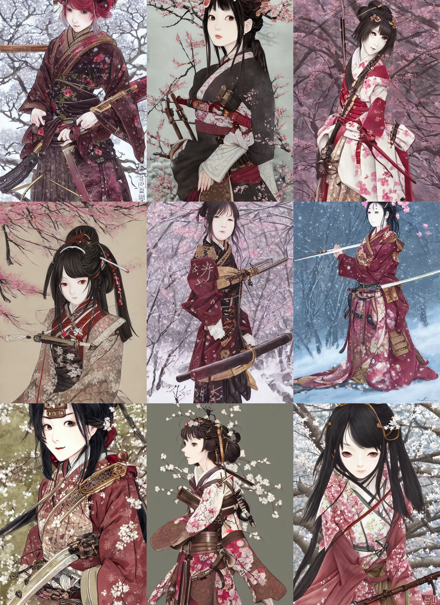 Prompt: detailed portrait of steampunk girl samurai with tachi and cross bow combat pose in snow forest sakura cherry blossom swan hakama kimono trending on artstation elite, elegant, luxury, by takato yomamoto, krenz cushart, junji ito, perfect face, fine details, realistic shaded, piercing eyes