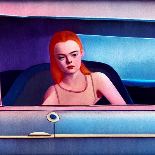 Image similar to Elle Fanning sleeping in the backseat of a 50s car in the world of Edward Hopper, stormy weather, extremely detailed masterpiece, oil on canvas, low-key neon lighting, artstation, Blade Runner 2049, Roger Deakin’s cinematography, by J. C. Leyendecker and Peter Paul Rubens,