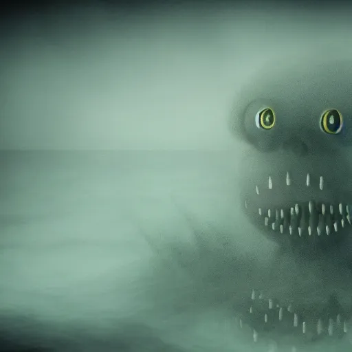 Image similar to sea monster, pov underwater, visceral, unholy abomination, pale skin, dark yellowish water, foggy water, misty, dark, dramatic,'silent hill ', big eyes, terrifying, horrific, cinematic