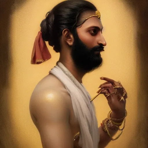 Image similar to a beautiful fine art painting of a portrait of shivaji maharaj by tom bagshaw, greg rutkowski and artgerm, perfection!, milk bath photography, studio lighting, 35mm lens, very detailed, deep depth of field, side profile, artstation, 8K, highly coherent