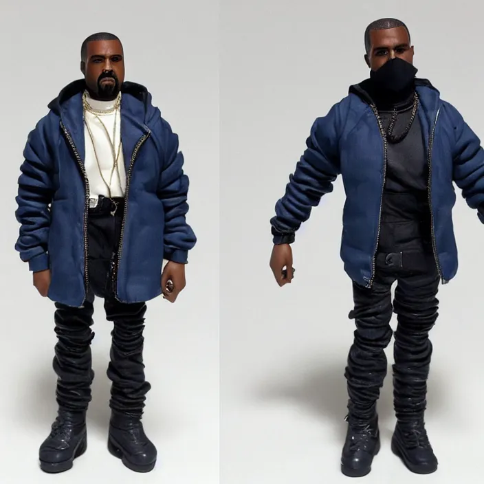 Image similar to a hot toys figure of kanye west using a full face covering black mask, a small, tight, undersized reflective bright blue round puffer jacket made of nylon, dark jeans pants and big black balenciaga rubber boots, figurine, detailed product photo