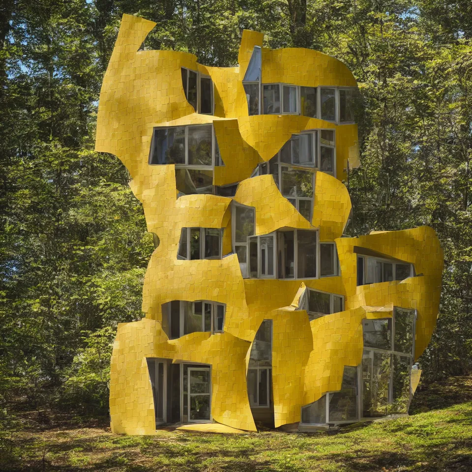 Prompt: a tiny tiny house in clearing, designed by Frank Gehry. Tiles. Film grain, cinematic, yellow hue