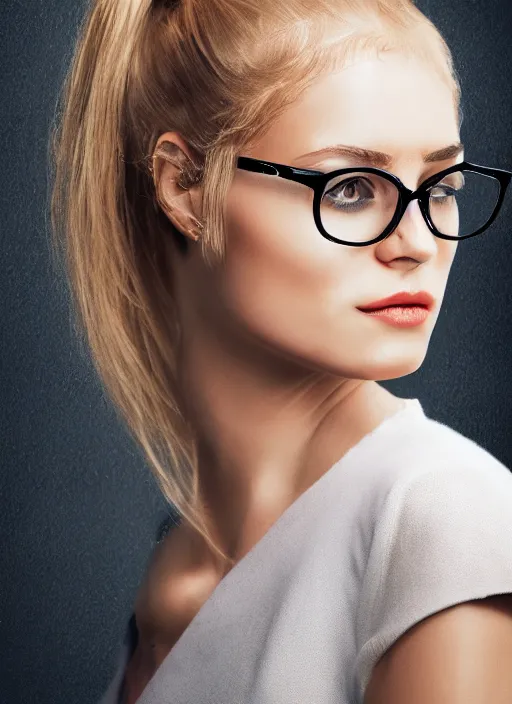 Image similar to a french woman with blonde hair tied in a strict bun, spectacles, lots of makeup, rich, character portrait, digital art, high quality, 8 k, detailed,