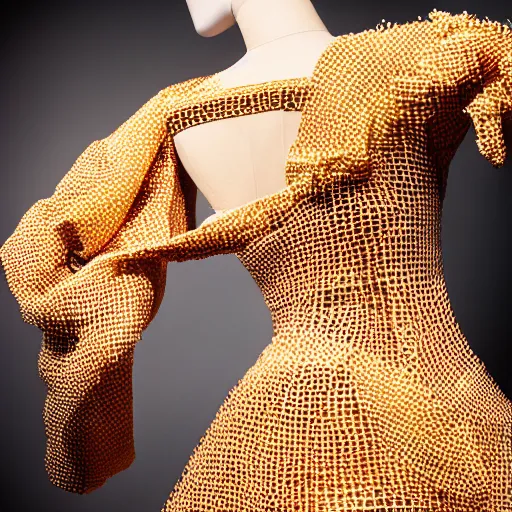 Image similar to a beautiful dress made of a bee hive, on a mannequin. high resolution, studio lighting