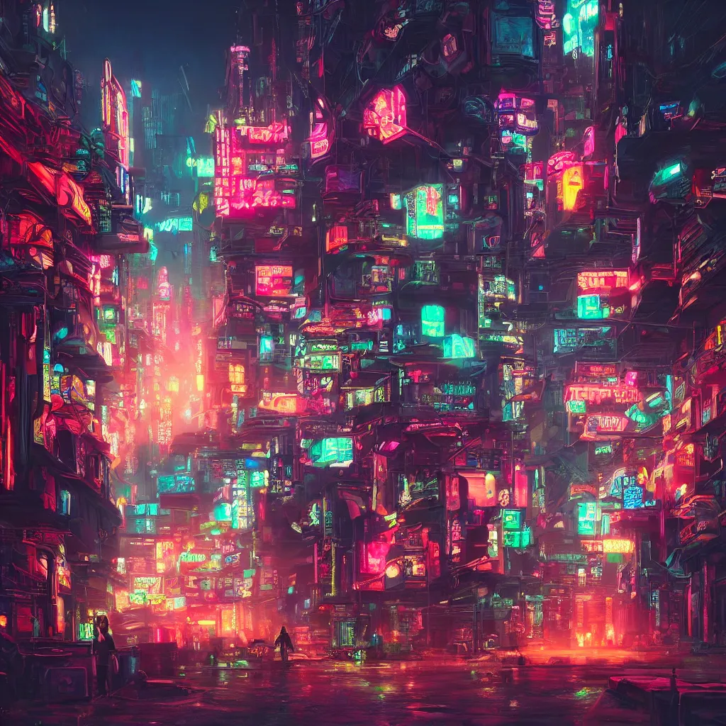 Image similar to a beautiful painting of a neon cyberpunk village by Tokio Aoyama, Mario Martinez, David Normal. photorealistic, trending on artstation, dramatic lighting, 8K, fantasy beautiful, surreal, cinematic