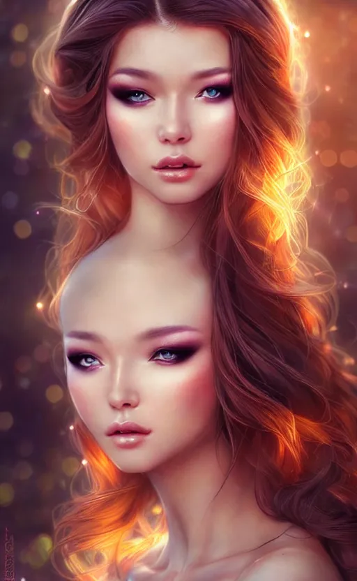 Image similar to a fantasy photo of gorgeous russian female, evening gown, bokeh, medium shot, beautiful face, professionally retouched, soft lighting, realistic, smooth face, perfect eyes, sharp focus, 8 k realistic high definition, insanely detailed, intricate, elegant, art by artgerm and kyoung hwan kim