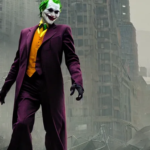 Image similar to cinematic shot of the joker wearing a half - life 2 hev suit, 8 k, very detailed, very intricate,