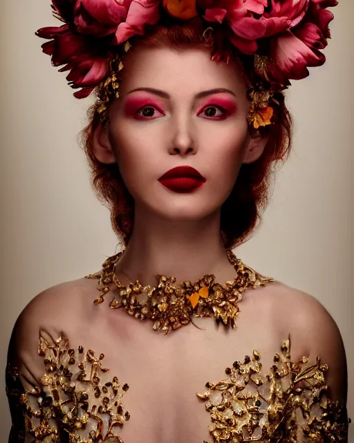 Prompt: Portrait of a woman, close-up, high sharpness, zeiss lens, fashion photo shoot, peony flowers, red hair, red lipstick, in the background of gold, they have rhinestones on their face, Edward Buba, Annie Leibovitz and Steve McCurry, David Lazar, Jimmy Nelsson, Eiko Hosoe, artistic, hyper-realistic, beautiful face, octane rendering