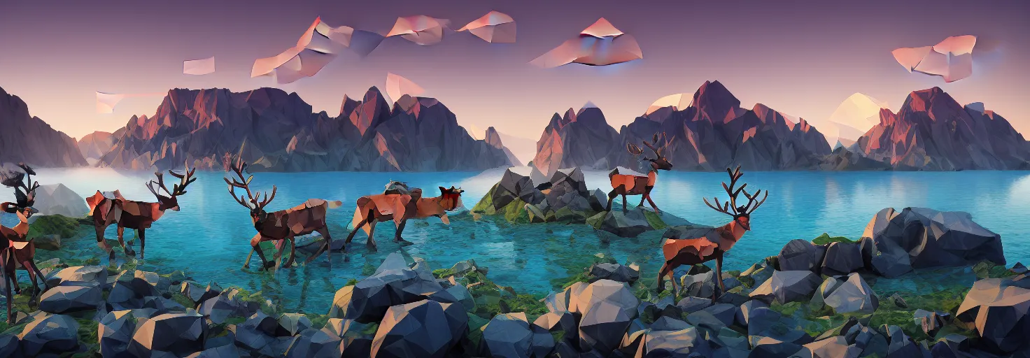 Image similar to super detailed color lowpoly art, northern sunset with rocks on front, blured monochromic lake in the middle of perspective and foggy mountains at background, graphic reindeers in random points, unreal engine, gothic rich deep colors, molotow premium pastel color palette, imperial boy, 3d render, lowpoly, colorful, digital art