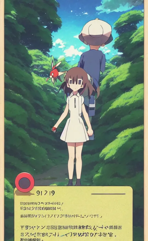 Image similar to a pokemon go card from 1 9 5 0, illustration, insect trainer girl, clear sky background, lush landscape, concept art, anime key visual, trending pixiv fanbox, by wlop and greg rutkowski and makoto shinkai and studio ghibli and kyoto animation, symmetrical facial features, symmetrical hands, short hair, hair down