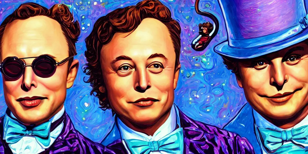 Image similar to Elon Musk as Willy Wonka, created by Jeremiah Ketner