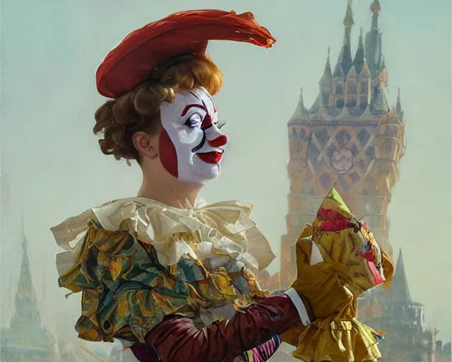 Prompt: liz truss dressed as a clown, in the background is a giant putin, vivid eyes, real life skin, intricate, elegant, highly detailed, artstation, concept art, smooth, sharp focus, art by artgerm and greg rutkowski and alphonse mucha