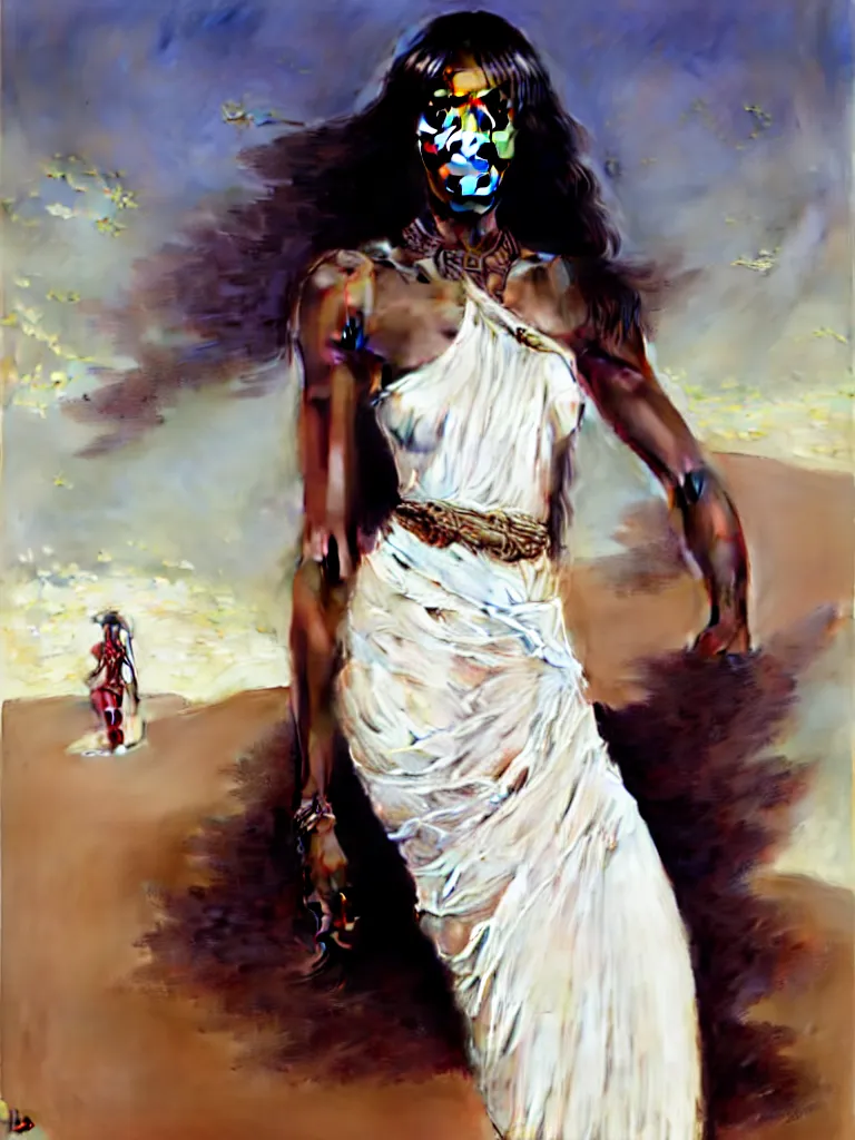 Prompt: Portrait of Naomi Campbell in the Libyan desert, white skirt and barechest, intricate, elegant, highly detailed, artstation, concept art, intricate, highly detailed, sharp focus, ruan jia, jurgens, orientalism, bouguereau, art by Artgerm and Peter Mohrbacher and Fenghua Zhong