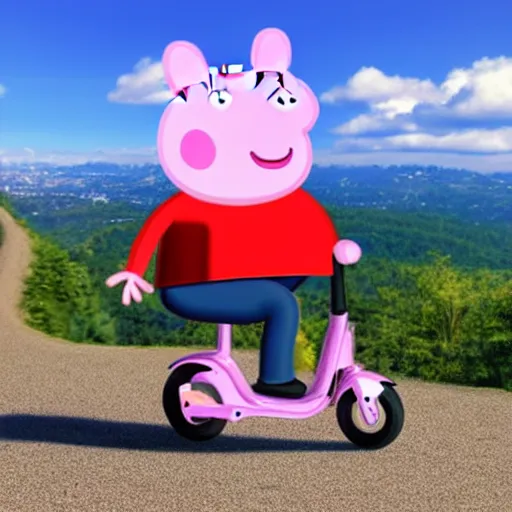 Image similar to peppa pig riding a scooter on a mountain