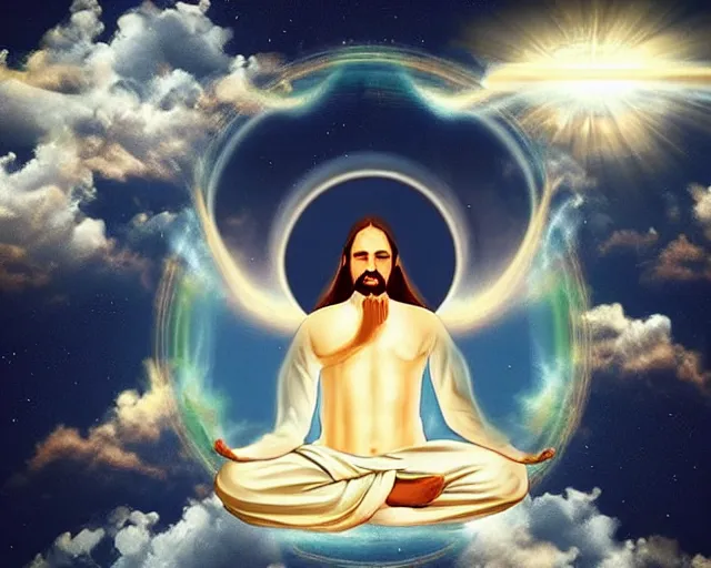 Image similar to [mind explosion]god floating down from heaven. he is meditating. inspired by meditation. [mind explosion] teleportation
