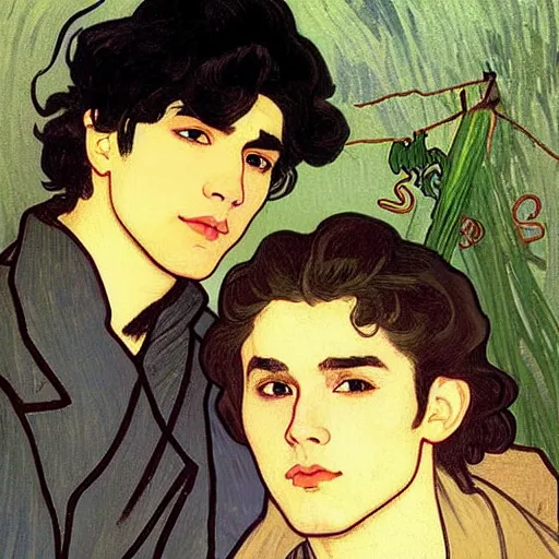 Image similar to painting of young cute handsome beautiful dark medium wavy hair man in his 2 0 s named shadow taehyung and cute handsome beautiful min - jun together at the halloween! party, bubbling cauldron!, candles!, smoke, autumn! colors, elegant, wearing suits!, clothes!, delicate facial features, art by alphonse mucha, vincent van gogh, egon schiele