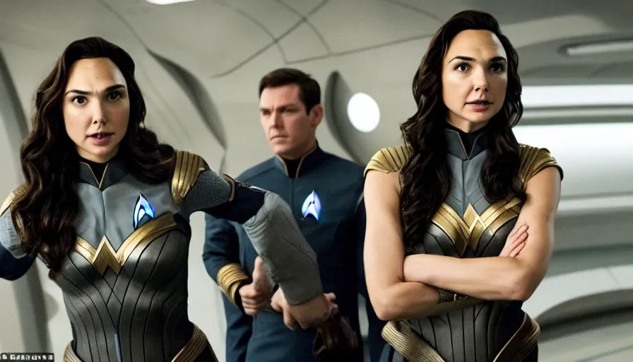 Image similar to Gal Gadot, in full starfleet uniform, is the captain of the starship Enterprise in the new Star Trek movie