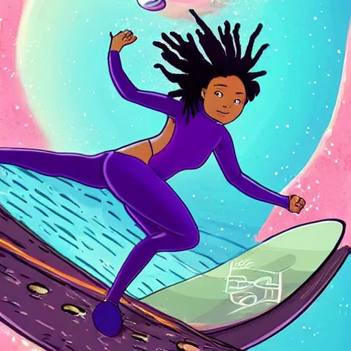 Prompt: black woman with purple dreads surfing in space in the style of ghibli