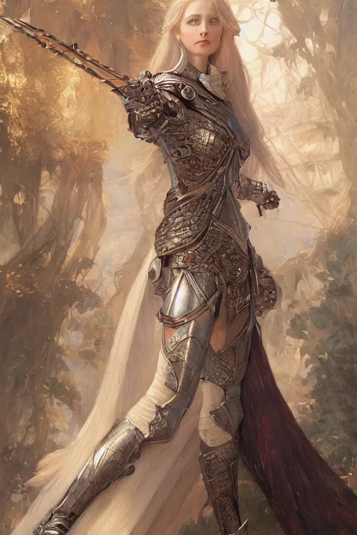 Image similar to full body of a beautiful woman wearing shining armor, fantasy, intricate, elegant, D&D, painted by edgar maxence, artgerm, greg rutkowski, artstation