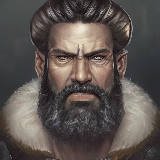 Prompt: A portrait of a muscular admiral with a black beard, D&D, sci-fi, elegant, hopeful, muscular, highly detailed, digital painting, artstation, concept art, smooth, sharp focus, illustration